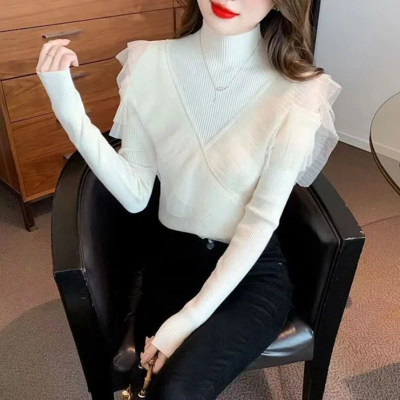 Off Shoulder Slim Pullovers Top Autumn Winter New Long Sleeve Net Yarn Patchwork Elegant Sweaters Korean Fashion Women Clothing