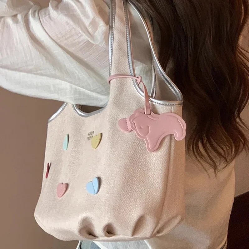 Peach Summer Tote Bag Women2024New Leisure Commute Big Bag Portable Shoulder Bag Cartoon Cute Quality