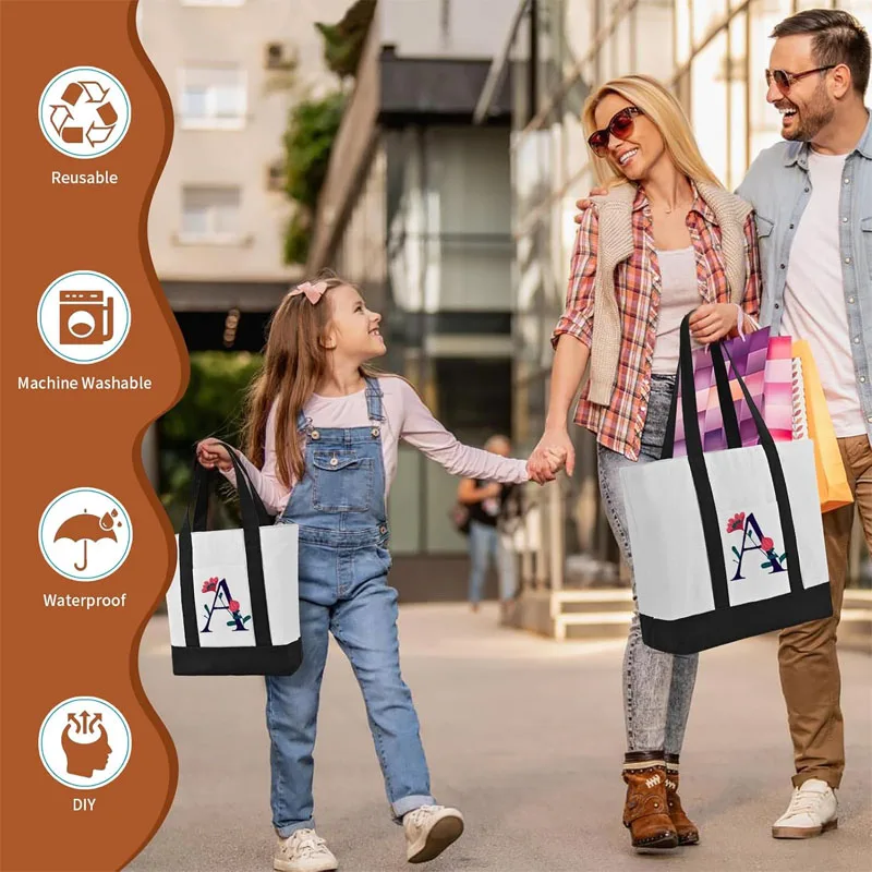 

10Pcs Canvas Tote Bag Bulk with Outer Pocket, 12oz Cotton Blank Canvas Tote Bags 38*33*10cm，28*23*10cm Reusable Grocery Bags