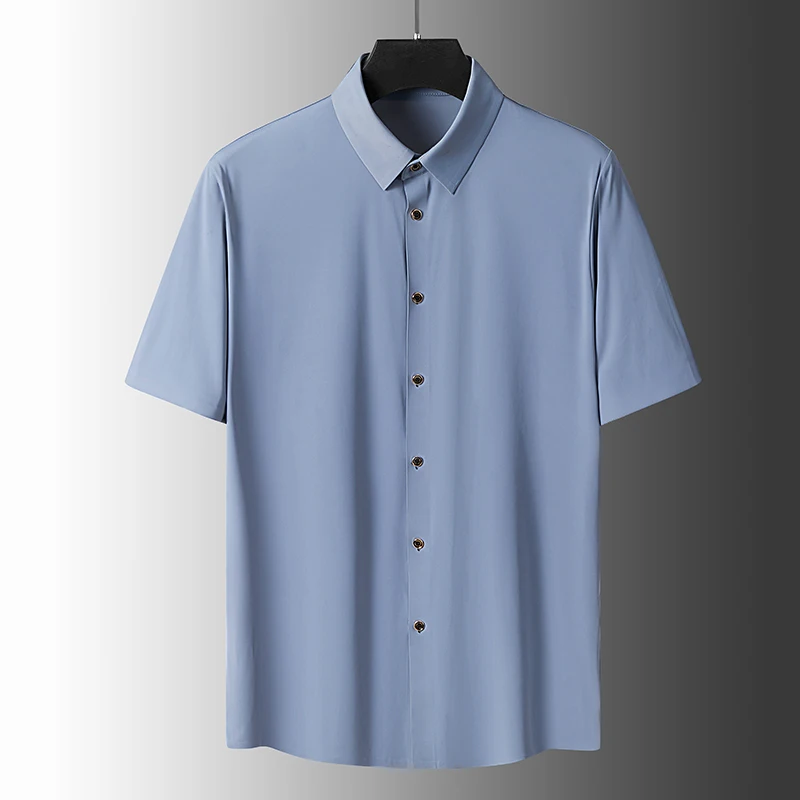 Camisa de manga corta para hombre, camisa holgada informal de un solo pecho, de seda de secado rápido, Color azul, L-6Xl verano, 2024