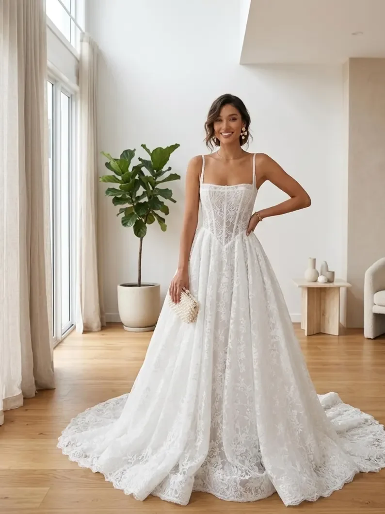 Spaghetti Strap Square Neck Wedding Dress Vintage Lace A‑Line Bridal Gown Corset Bodice Court Train Custom Size Vestidos De Novi