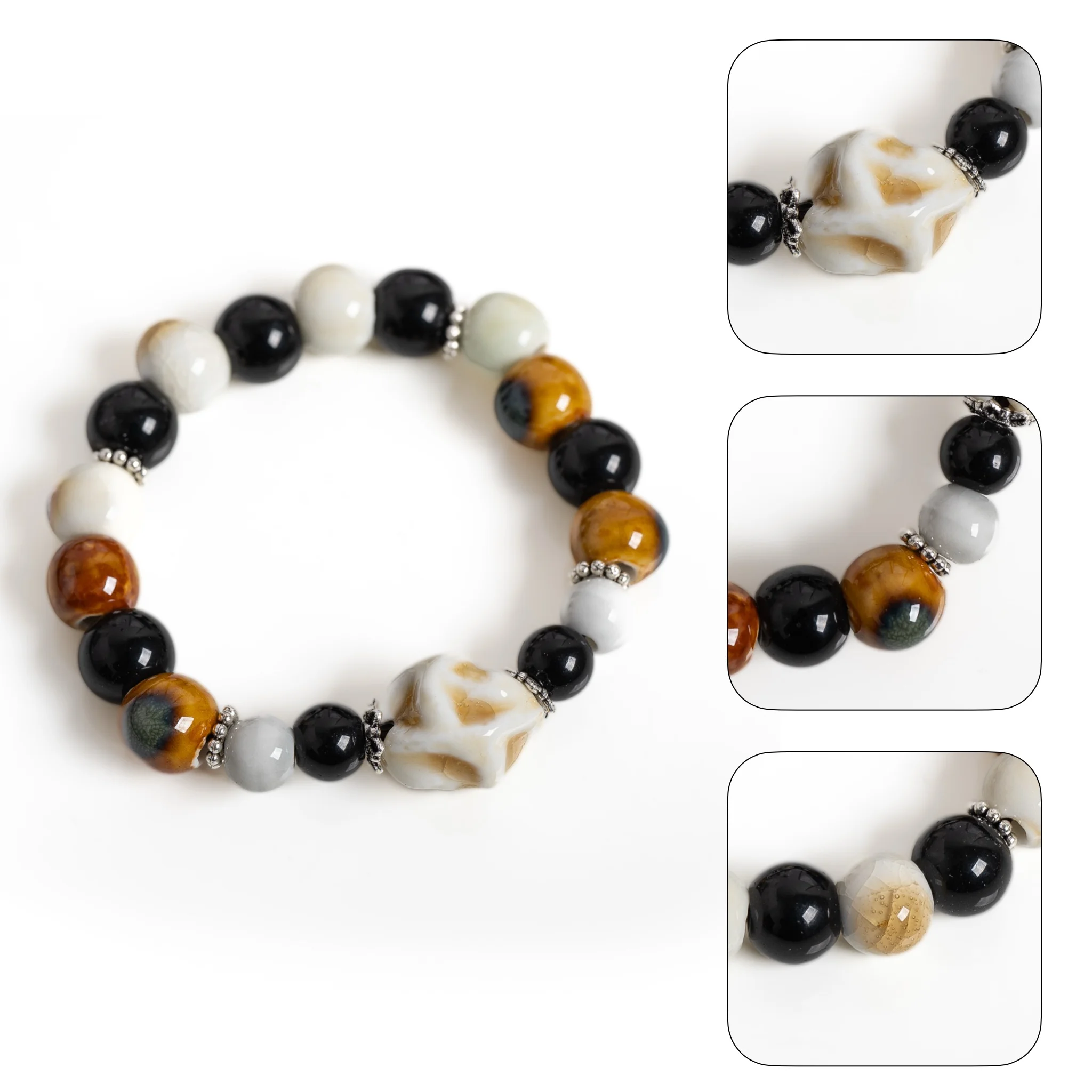 Vintage Walnut Ceramic Bracelet Handmade Elastic Beaded Jewelry Natural Style for Girls Daily Wear Gift S03-288