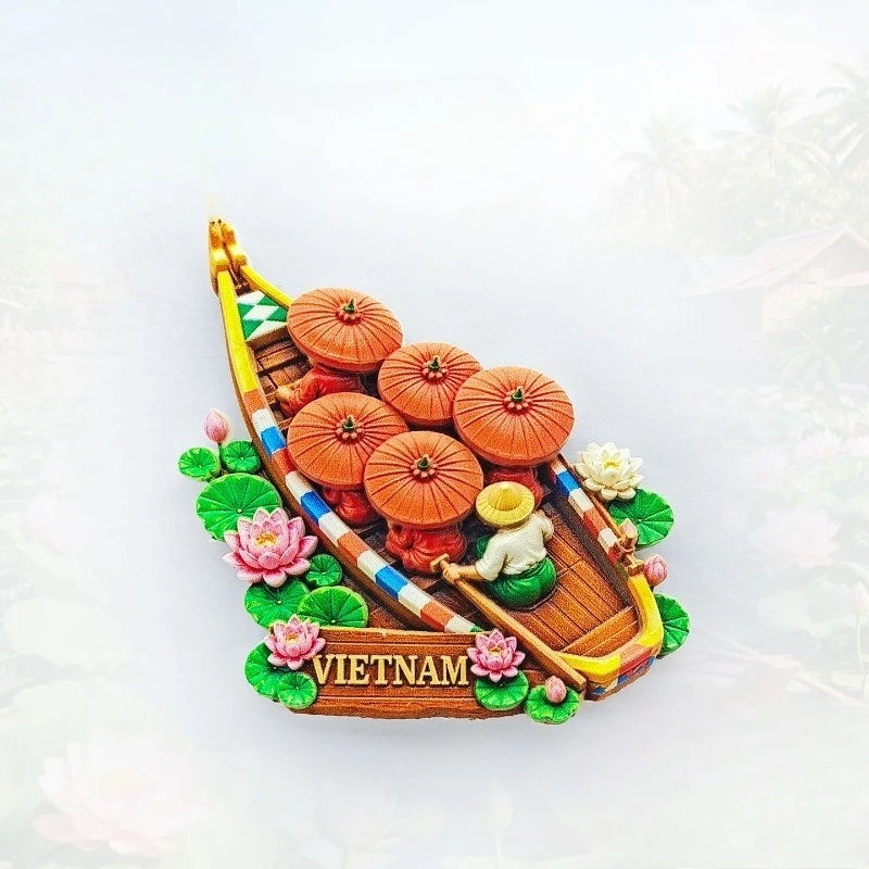 Vietnam Boat Lotus Fridge Magnet - Serene 3D River Souvenir Unique Southeast Asian Travel Gift for Nature & Asian Decor