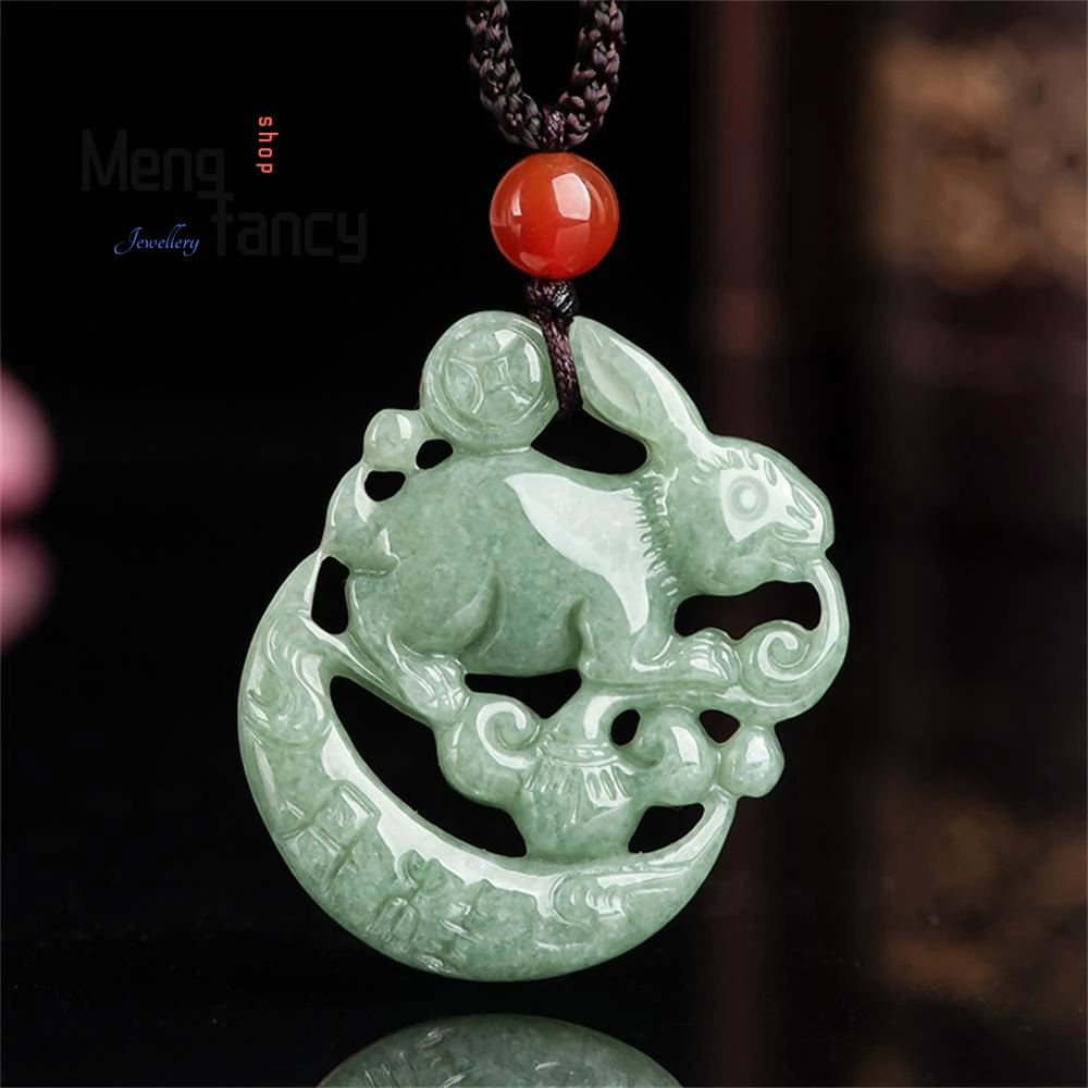 

Natural Jadeite The Jade Hare Worships The Moon Pendant Fashion Luxury Amulet Engraver Jewelry Women Men Necklace Holiday Gifts