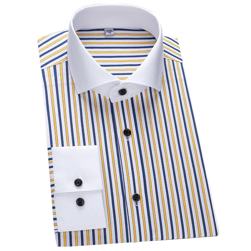 2024Men\'s shirt long sleeved slim fit striped Windsor collar contrasting color collar business casual one line collar shirt