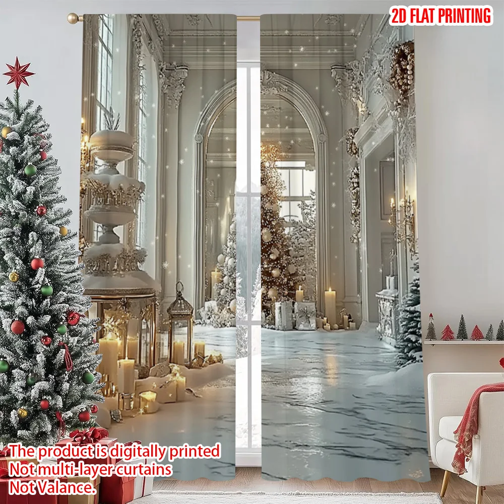

2pcs 2D flat printing Christmas Curtains Luxury Winter Christmas Durable Polyester Without Electricity Holiday Decorations Use