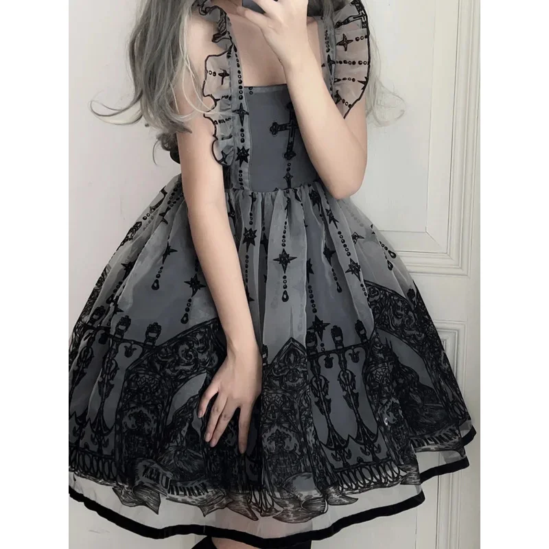 qq78Request7Gaun Lolita Musim Semi dan Musim Gugur JSK Angin Gelap Lucu Manis Hitam Abu-abu Renda Kerah Persegi Silang Penyihir Bordir Busur Ka