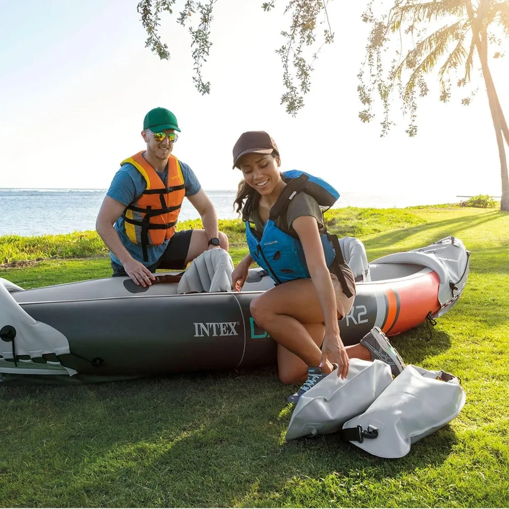 Dakota K2 2 Person Inflatable Vinyl Kayak and Accessory Kit with 86 Inch Oars, Air Pump, and Carry Bag for Lakes and Rivers