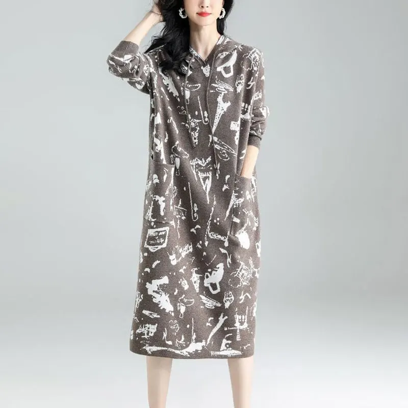 Casual Hooded Drawstring Midi Dress Female Clothing Spring Autumn Printed Commute Stylish Pockets Spliced Straight Loose Dresses