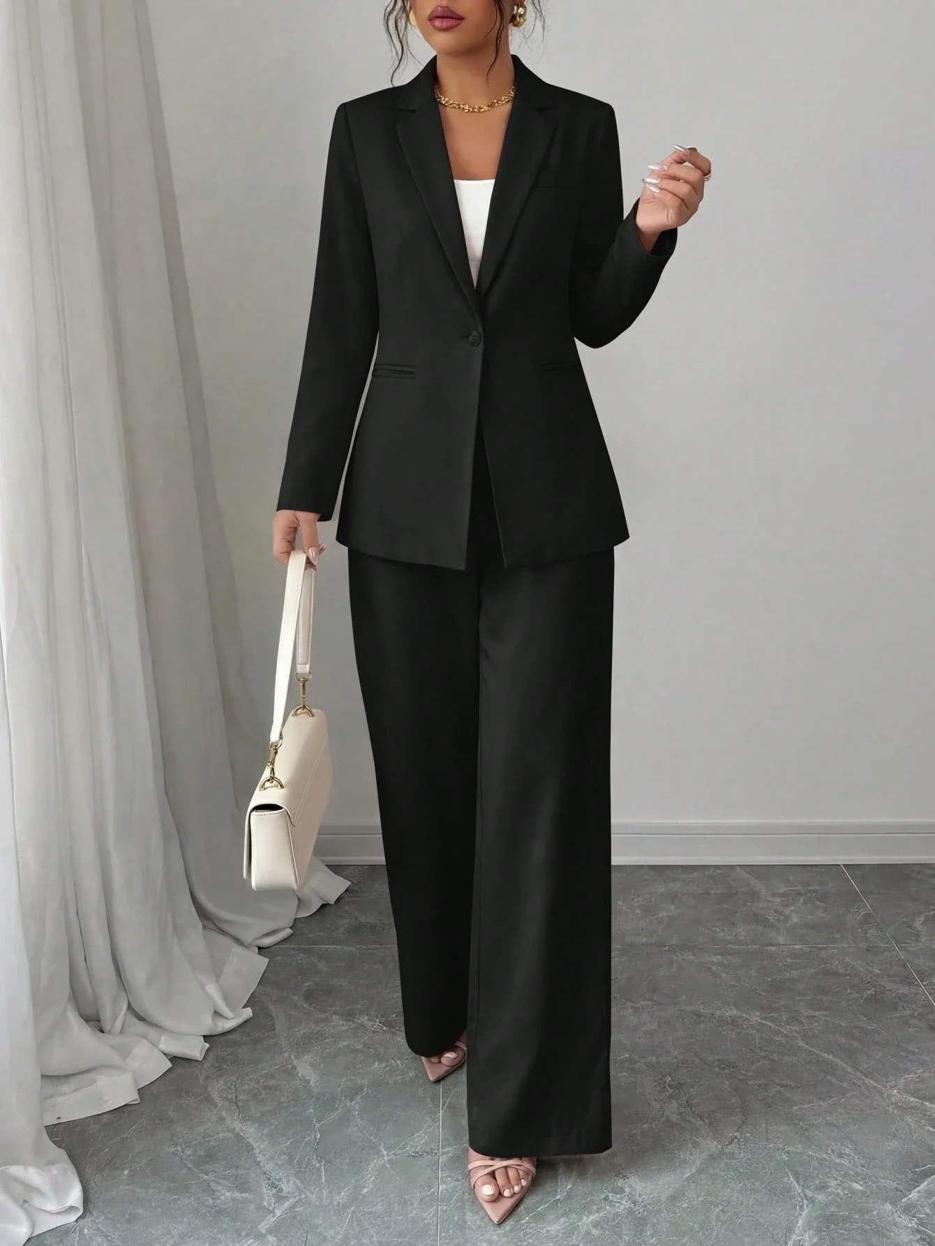 

Women's Two Piece Blazer Suit Set Business Casual Wide Leg Pants Office Outfit