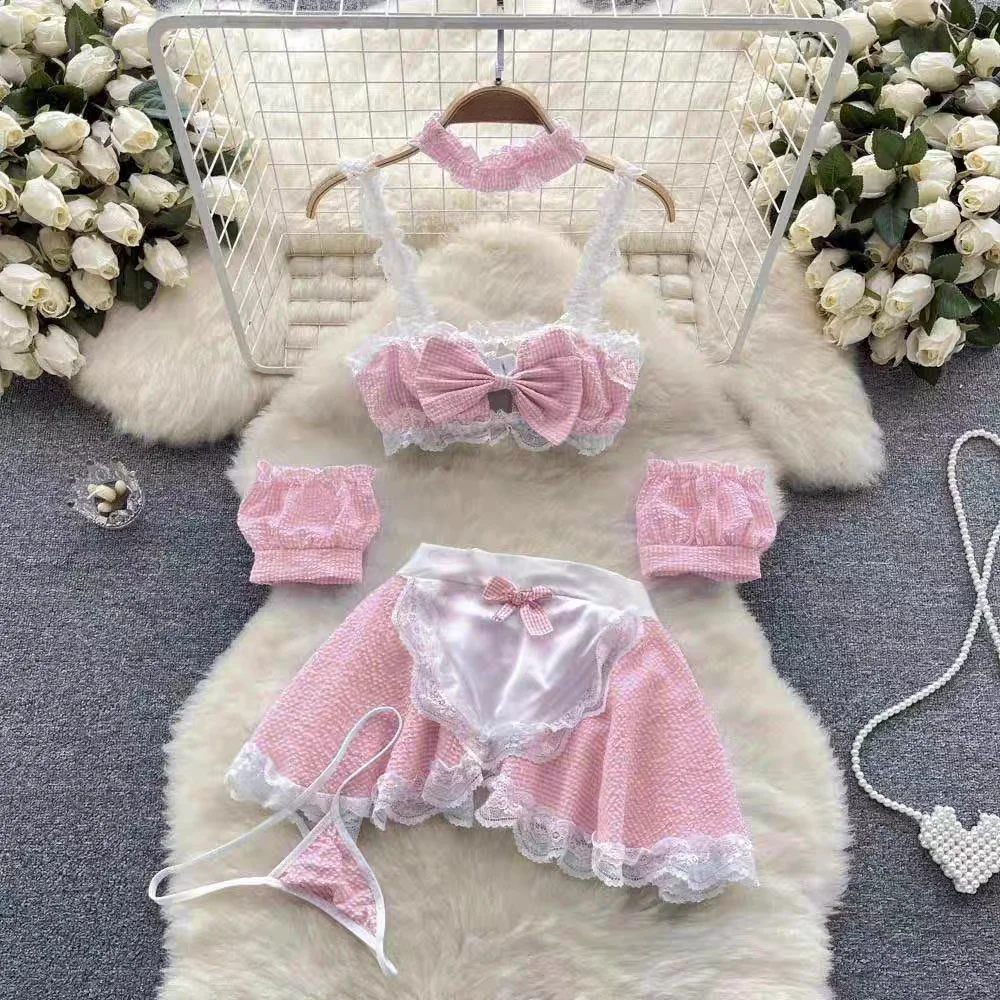 Ruffle Sweet Bow Plaid Strap Camisole Top Lace Patchwork Mini Skirt Maid Cosplay Uniform Women's Sexy Erotic Lingerie Nightwear