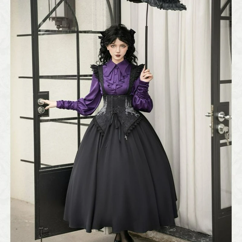 Japanese Victorian Gothic Lolita Shirts Women Classical Vintage Turn Down Collar Long Sleeve Blouses Y2k Slim Sweet Elegant Tops