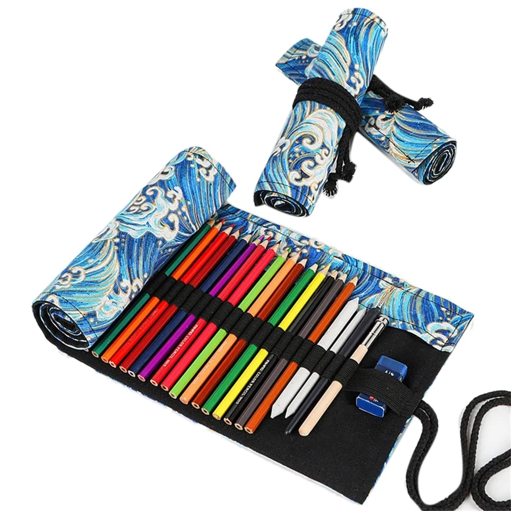 Canvas Pencil Roll Wrap Coloring Waves Roll Up Pencil Pouch Organizer Handmade Pencil Roll Case (48-Holes)