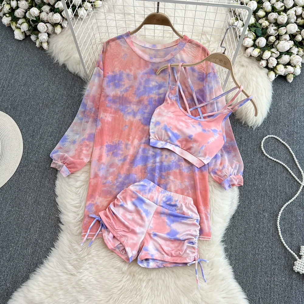 Women Fashion Summer Elegant Tie-Dye Tracksuit Casual Shirts Blouse Crop Tank Tops and Shorts Pants 3 Pieces Female Outfits New