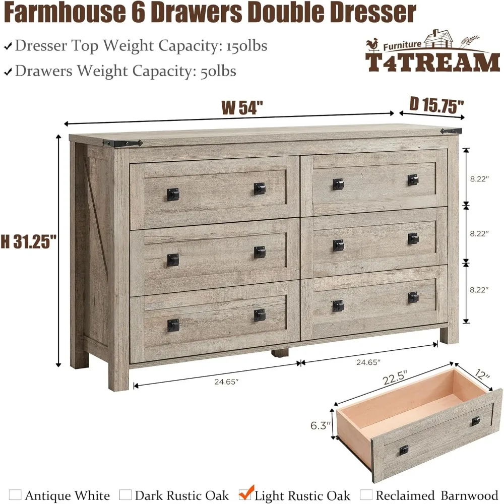 Farmhouse 6 Drawers Dresser for Bedroom, Wood Rustic Wide Chest of Drawers, Storage Dressers Organizer for Bedroom, Livi