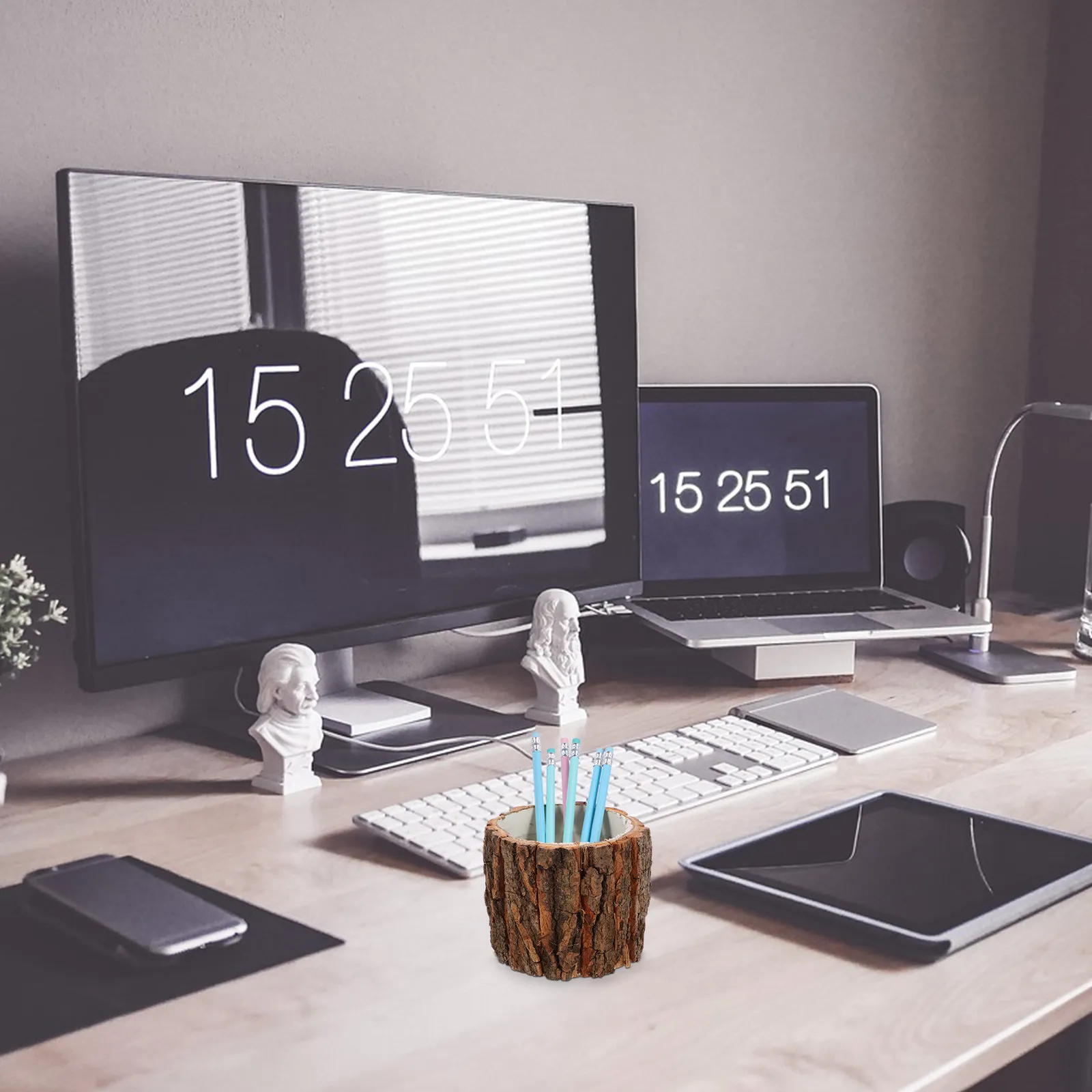 2Pcs Natural Wood Pen Holder Sturdy Pencil Cup Desktop Organizer Office Desk Storage Container Sundries Organizer