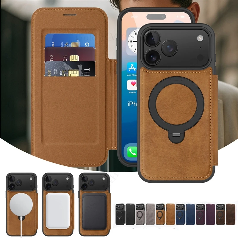 

Luxury Leather Flip Wallet Card Slot Phone Case For iPhone 16e 17 Pro Max 15 Plus 14 Pro For Magsafe Metal Ring Book Stand Cover