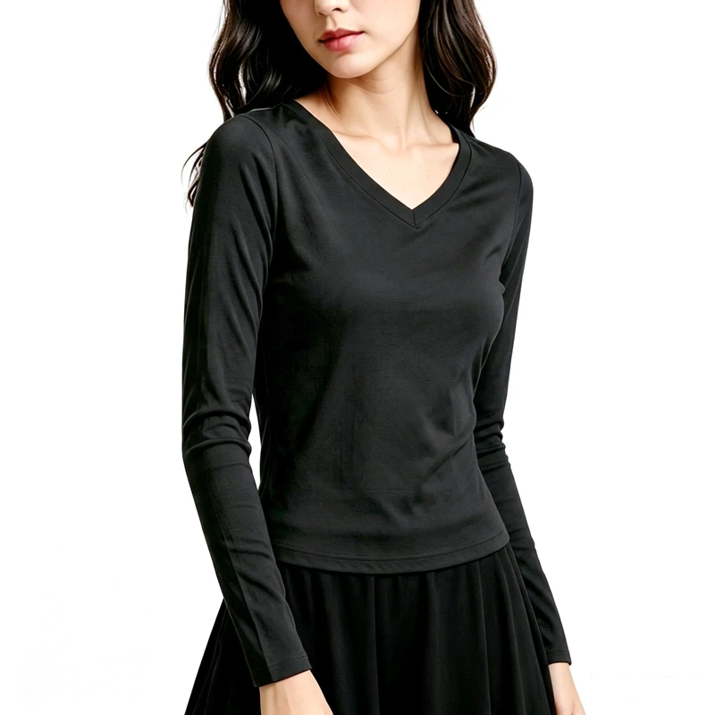Damen Langarm V-Ausschnitt Slim Fit T-Shirt, Einfarbig, Weich, Dehnbar, Gestricktes Unterhemd, Casual Alltags-Unterwäsche für Frauen Q43 – Detail 5