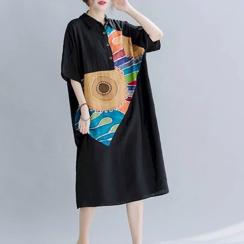 Abito da donna stampato a maniche corte con temperamento Abito stile coreano Tendenza estiva Camicie sottili larghe di media lunghezza Abito da donna