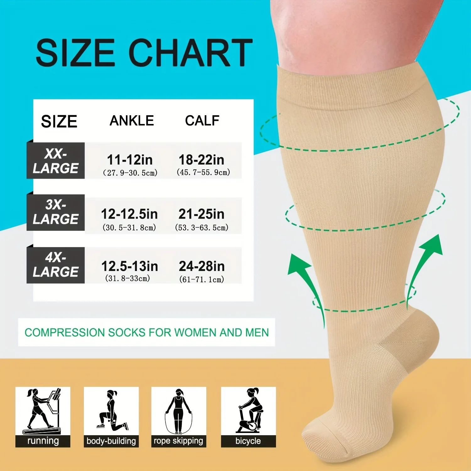3 쌍 블랙 베이지 플러스 사이즈 남성 여성을위한 압축 양말 엑스트라 와이드 송아지 무릎 높은 러닝 초대형 압축 스타킹