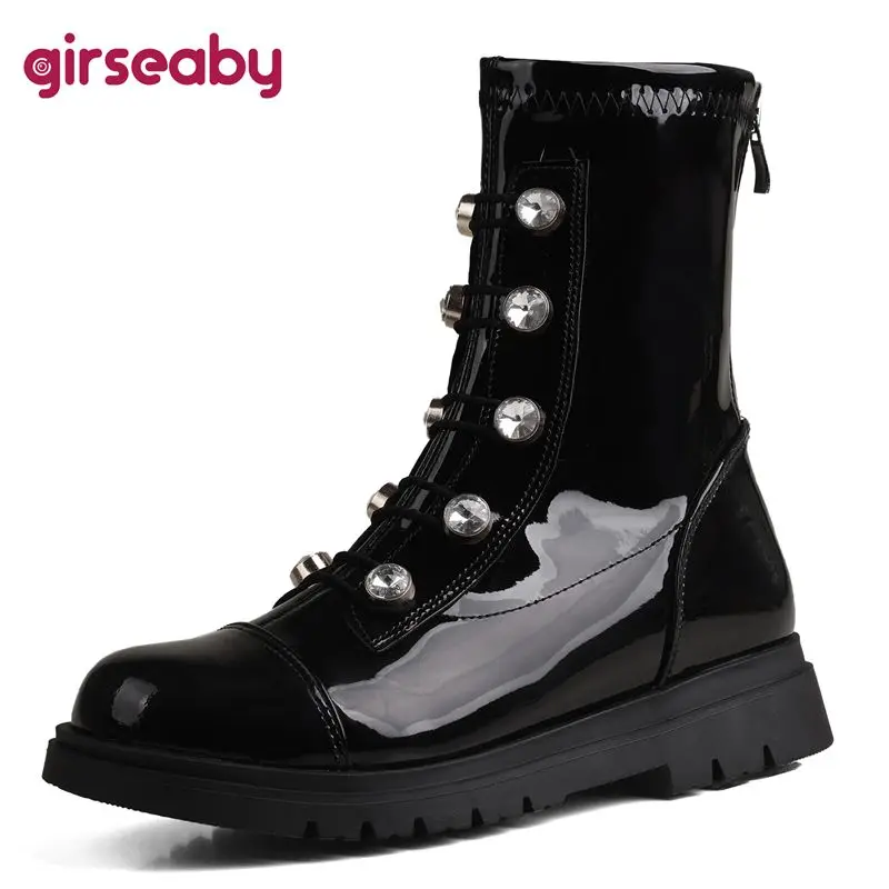Girseaby Leisure Ladies Booties Round Toe Flat Zip Rhinestone  Sizes 31 32 33 Soft Daily Female Knight Footwear 41 42 43