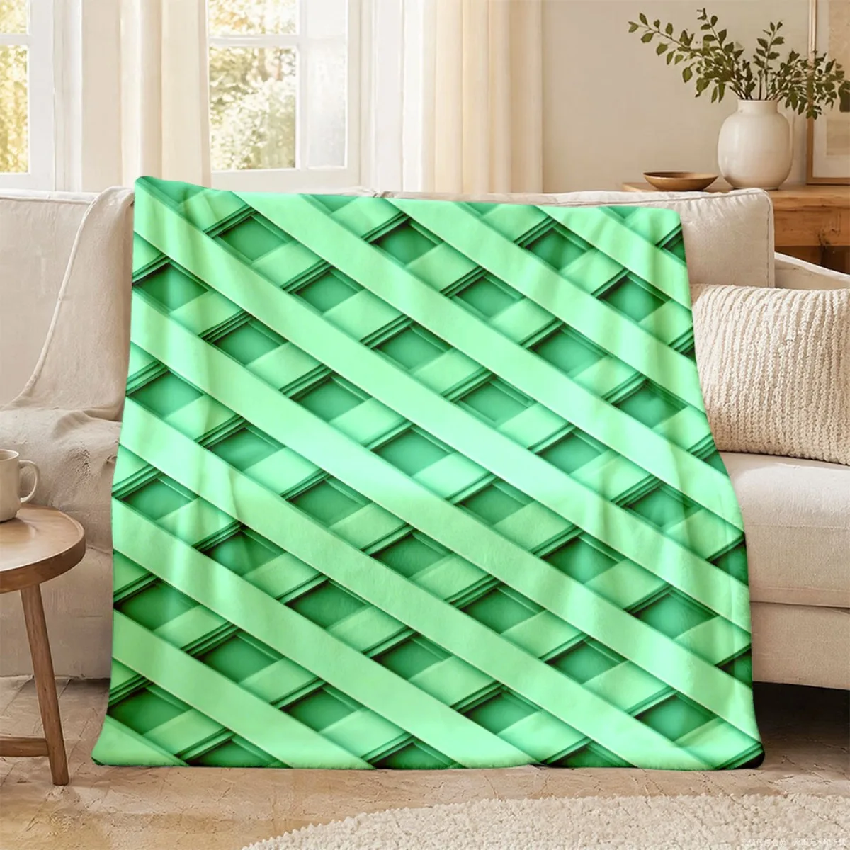 2D Flat Printing 1pc Mint Green Interlaced Diagonal Pattern Cozy Flannel Blanket Comfortable Warm Lightweight Flannel Four Seaso
