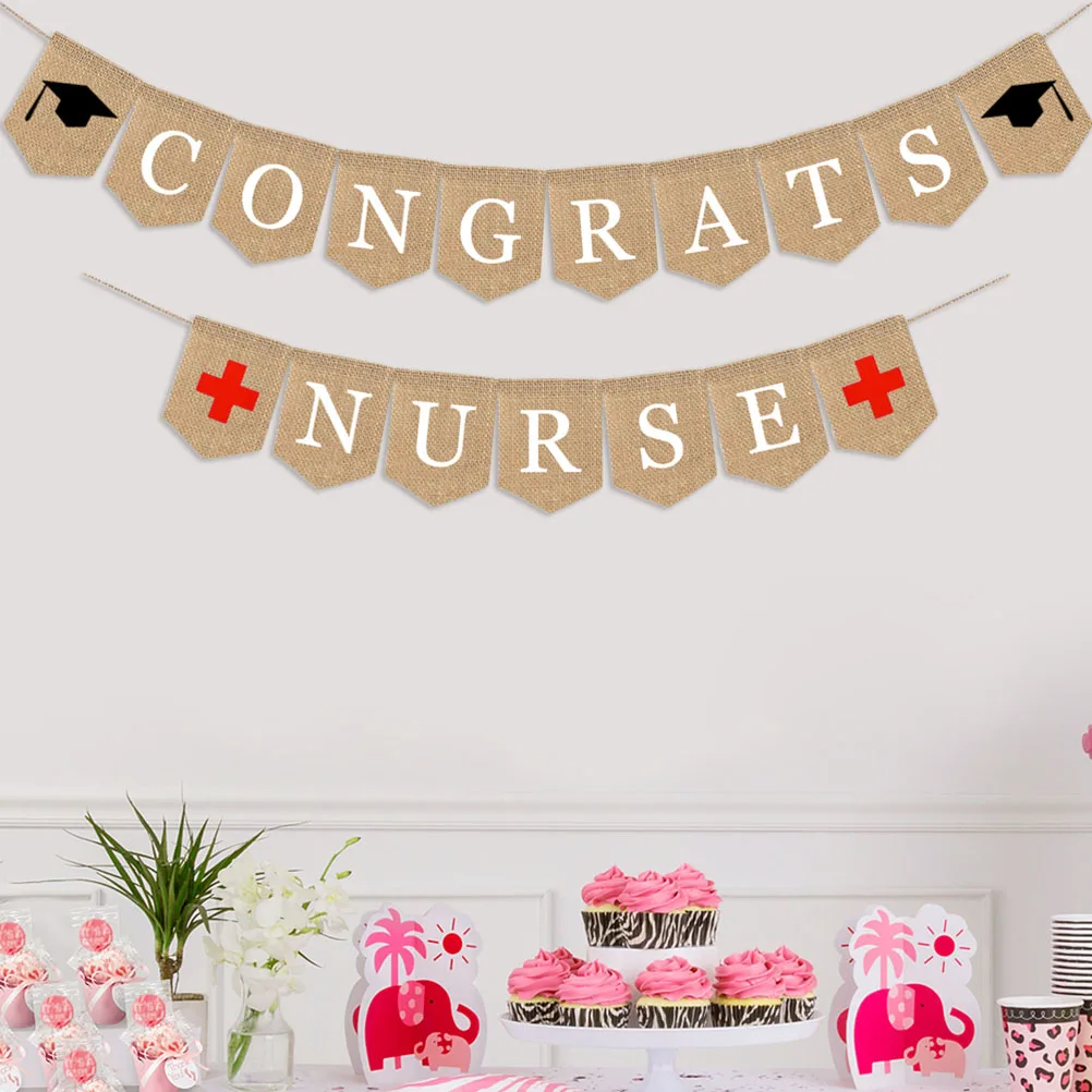 

Nurse Theme Congrats Banner Hanging Bunting Assembled Pull Flag Burlap Graduation Nurse Student WallBackdrop Fence