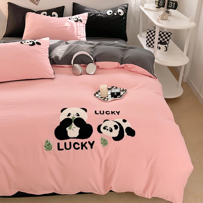 Imagem -03 - Conjunto de Edredão Panda Bordado para Meninos e Meninas Capa de Cama Fronha Cama 100 Algodão Rainha 1pc Colcha Pcs