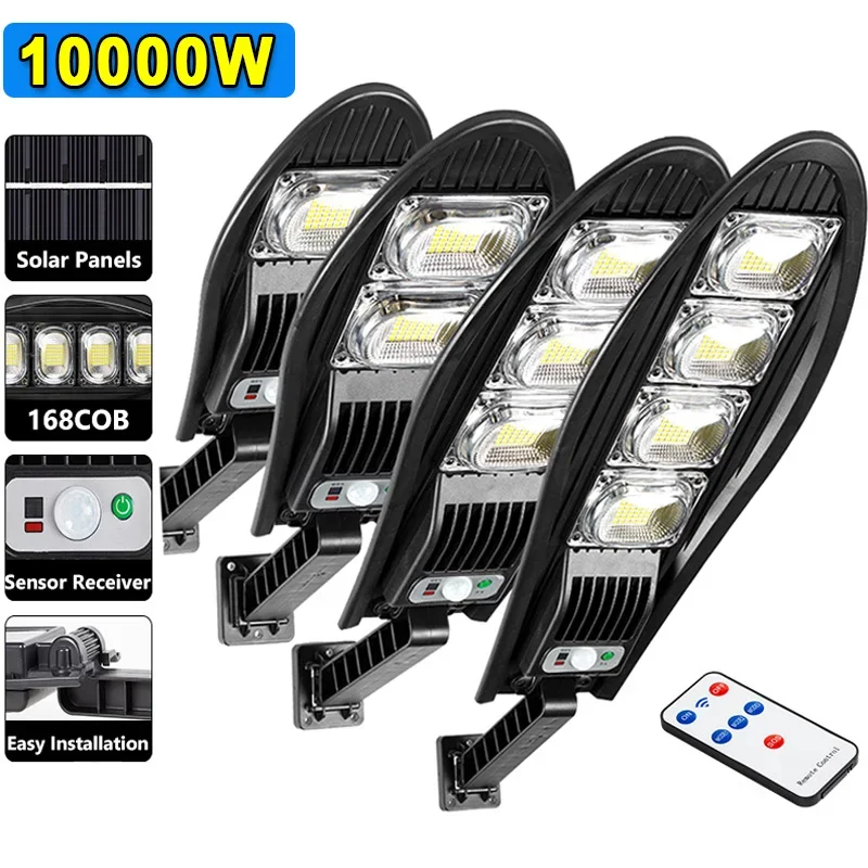 Luminária Solar de Rua 10000W Atualizada com 168 LEDs, à Prova d'Água para Uso Externo, LED para Jardim e Parede, Ângulo Ajustável, Lâmpada Solar com Bateria Integrada de 10000mAh