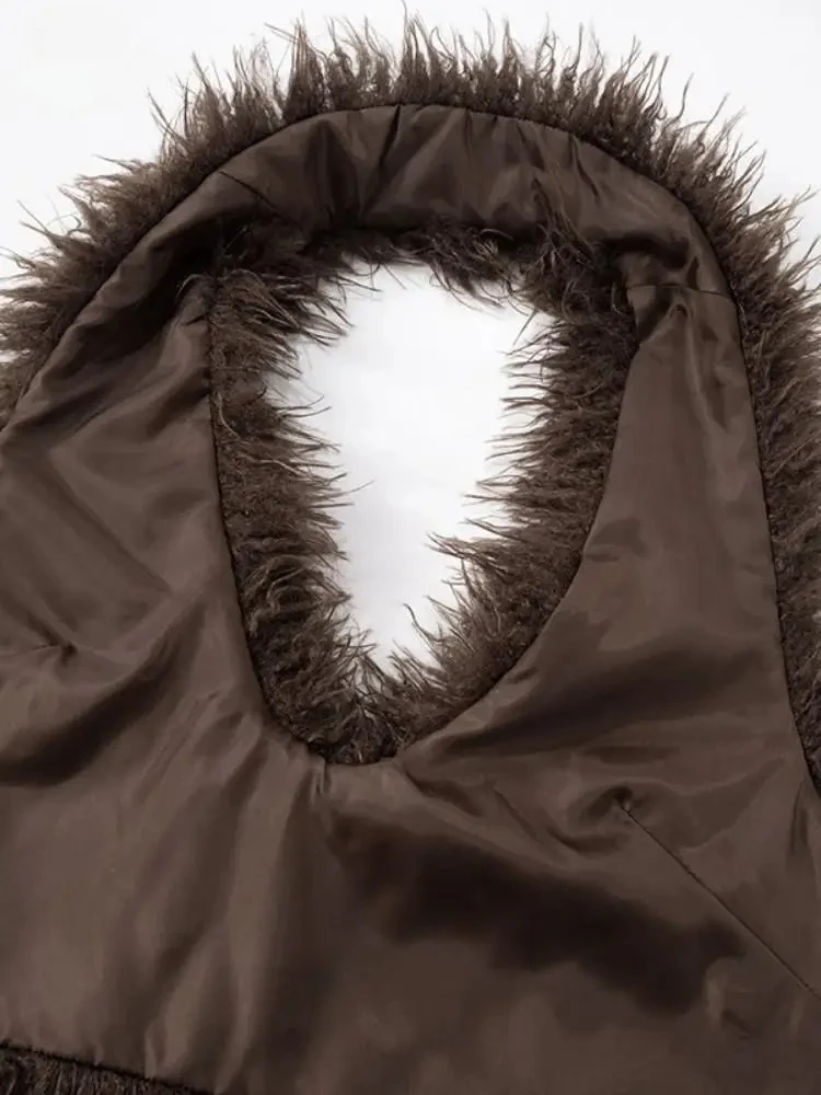 Sexy Faux Fur Waistcoat Women Furry Backless Bandage Halter Crop Vests Coat 2025 Fashion Warm Outerwear Y2K Streetwear