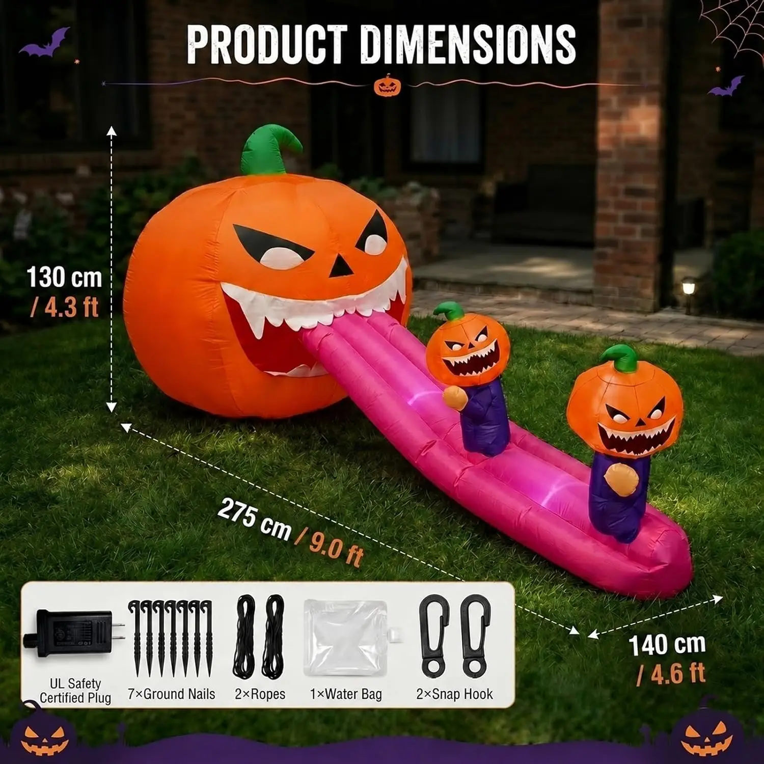 Giant 9FT Halloween Inflatable Pumpkin Monster with Long Tongue Slide LED Outdoor Decorations Creepy Blow up for Holiday