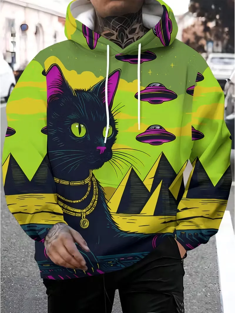 

2026 Толстовки с забавным котом, динозавром и НЛО, толстовка с 3D принтом мультфильма 2026 для мужчин и женщин, спортивный костюм большого размера, повседневное уличное пальто Y2k