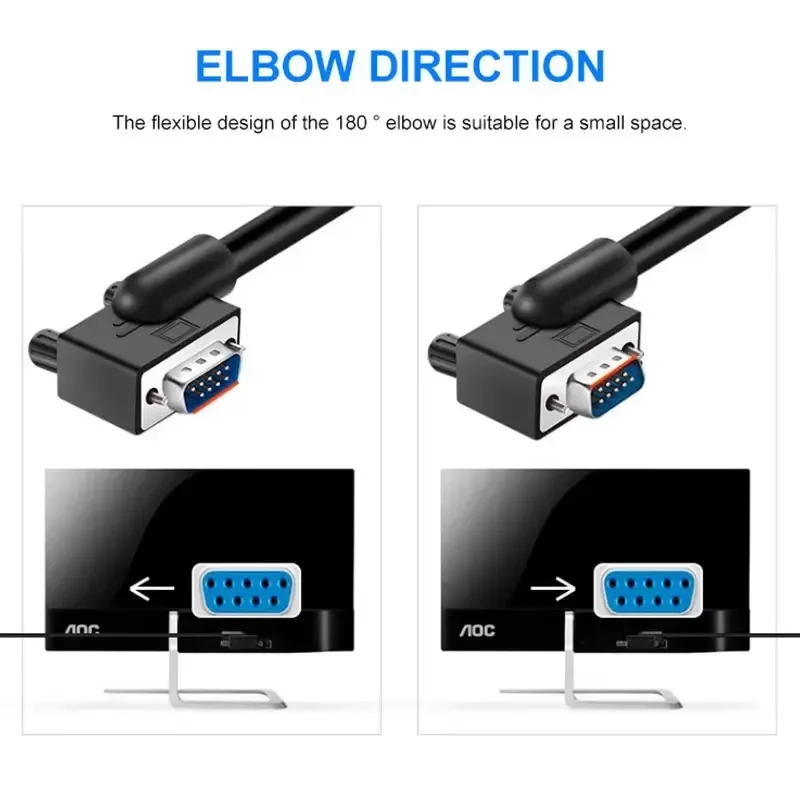DB9 RS232 Elbow Serial Port Cable Male to Female Extension Data Wire Black PVC Com Left Elbow Data Line for Computer Display