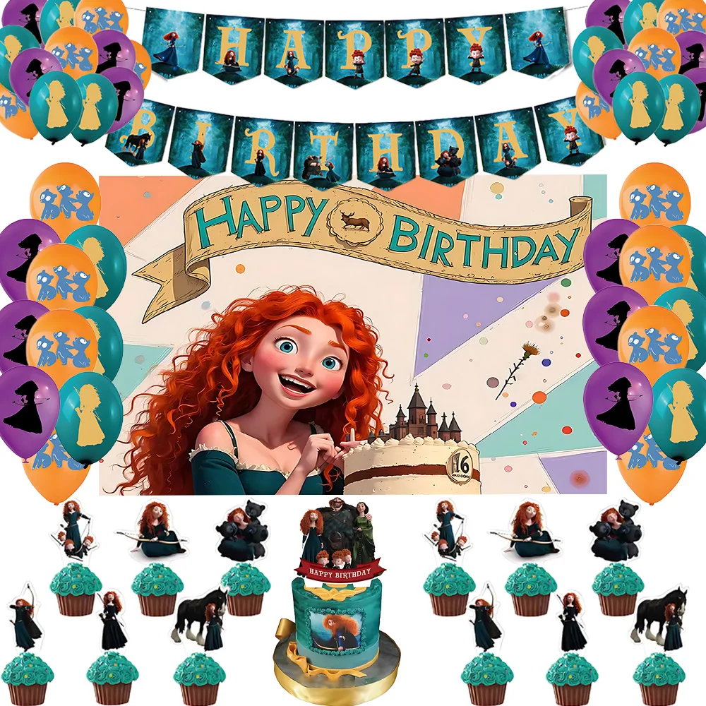 

Disney Brave Happy Birthday Party Decoration Merida Princess Background Balloon Cake Topper Banner Wedding Home Decor Girl Gifts