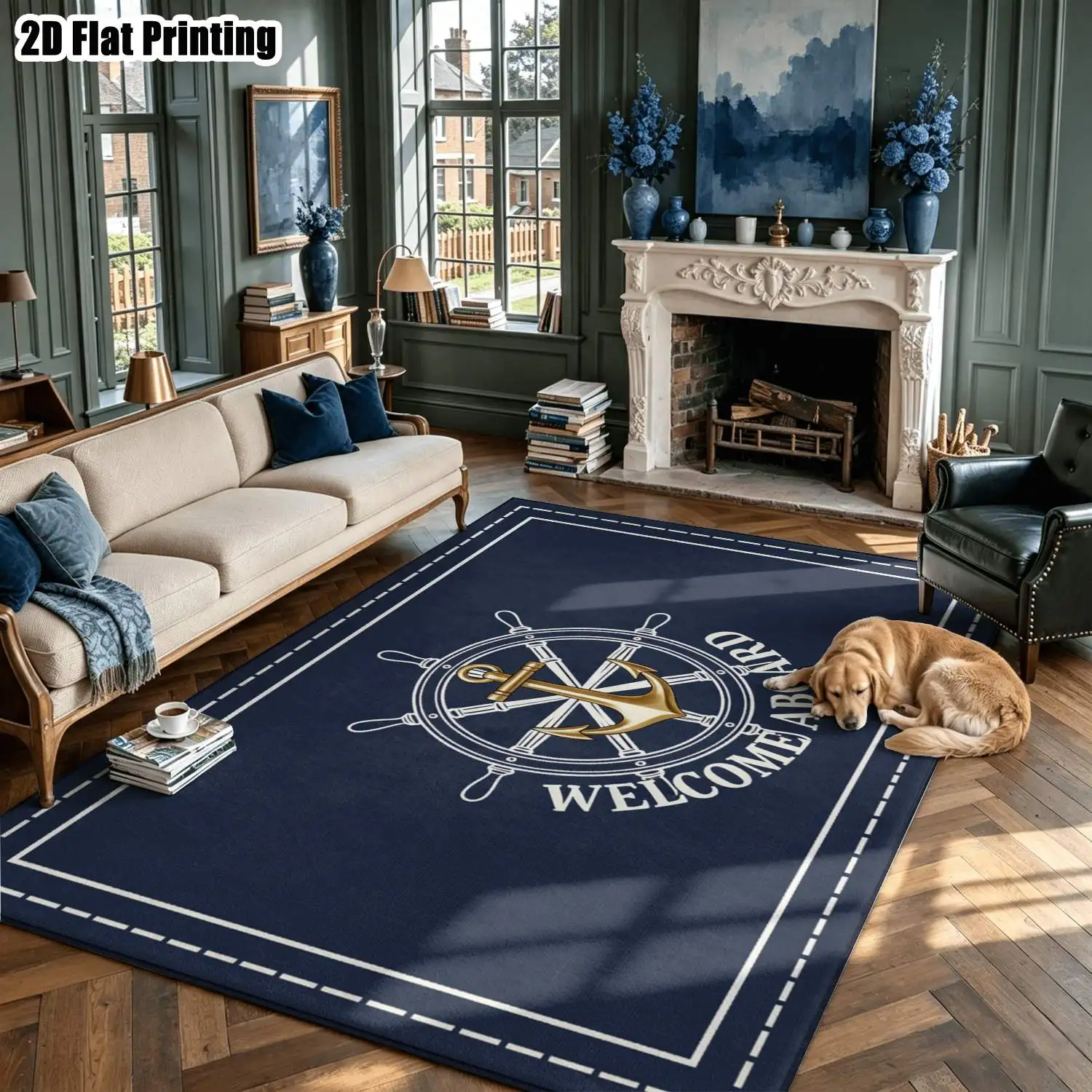 1Pc 2D Printed Carpet: Dark Blue Ship Rudder & Anchor Letter Pattern Nordic/Instagram Style, Modern Minimalist, Vintage European Home Decor Rug. Multi-Size, Machine Washable, Suitable for Entryway, Dining Room, Foyer, Bedroom, Living Room.