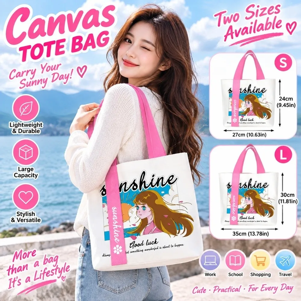 Eco Friendly Cartoon Print Canvas Tote Bag Large Capacity Reusable Canvas Bag Grocery Bag Anime Girl Lunch Bag Outdoor Activity