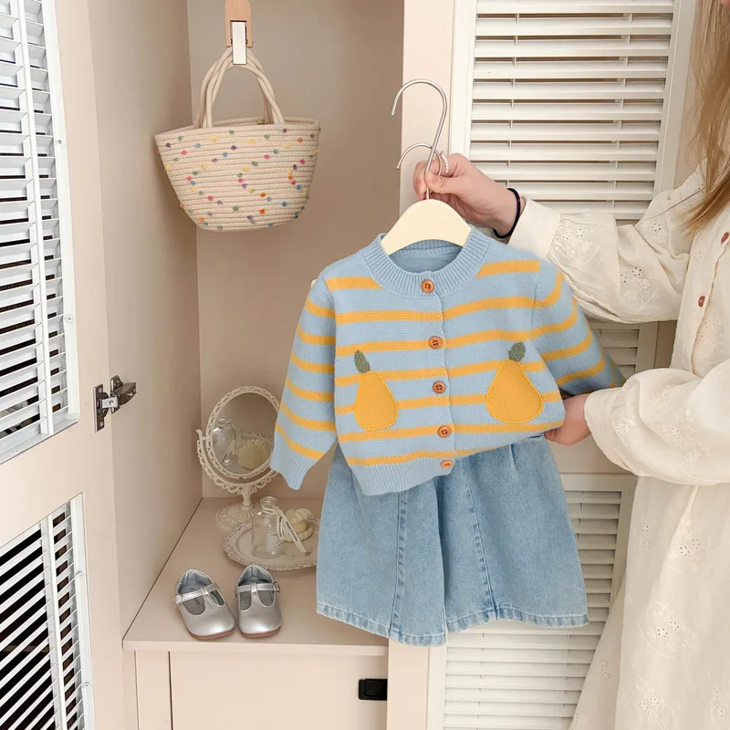 2026 Autumn New Children Knitted Cardigan Cotton Girls Long Sleeve Sweater Coat Boys Fashion Striped Knitwear Kids Clothes