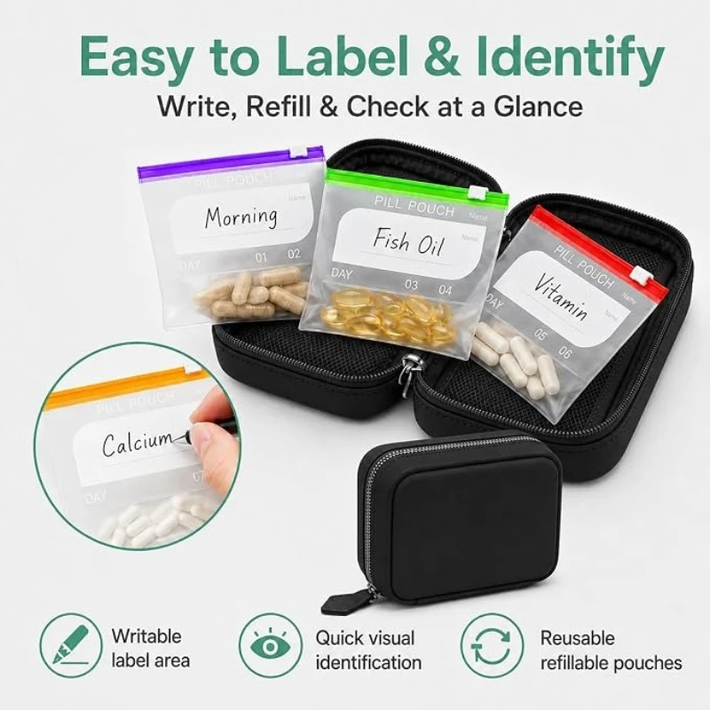 Pill Organizer Binder Set Color Coded Pill Pouches BPA-Free Waterproof Storage Case Weekly Travel Vitamin Holder