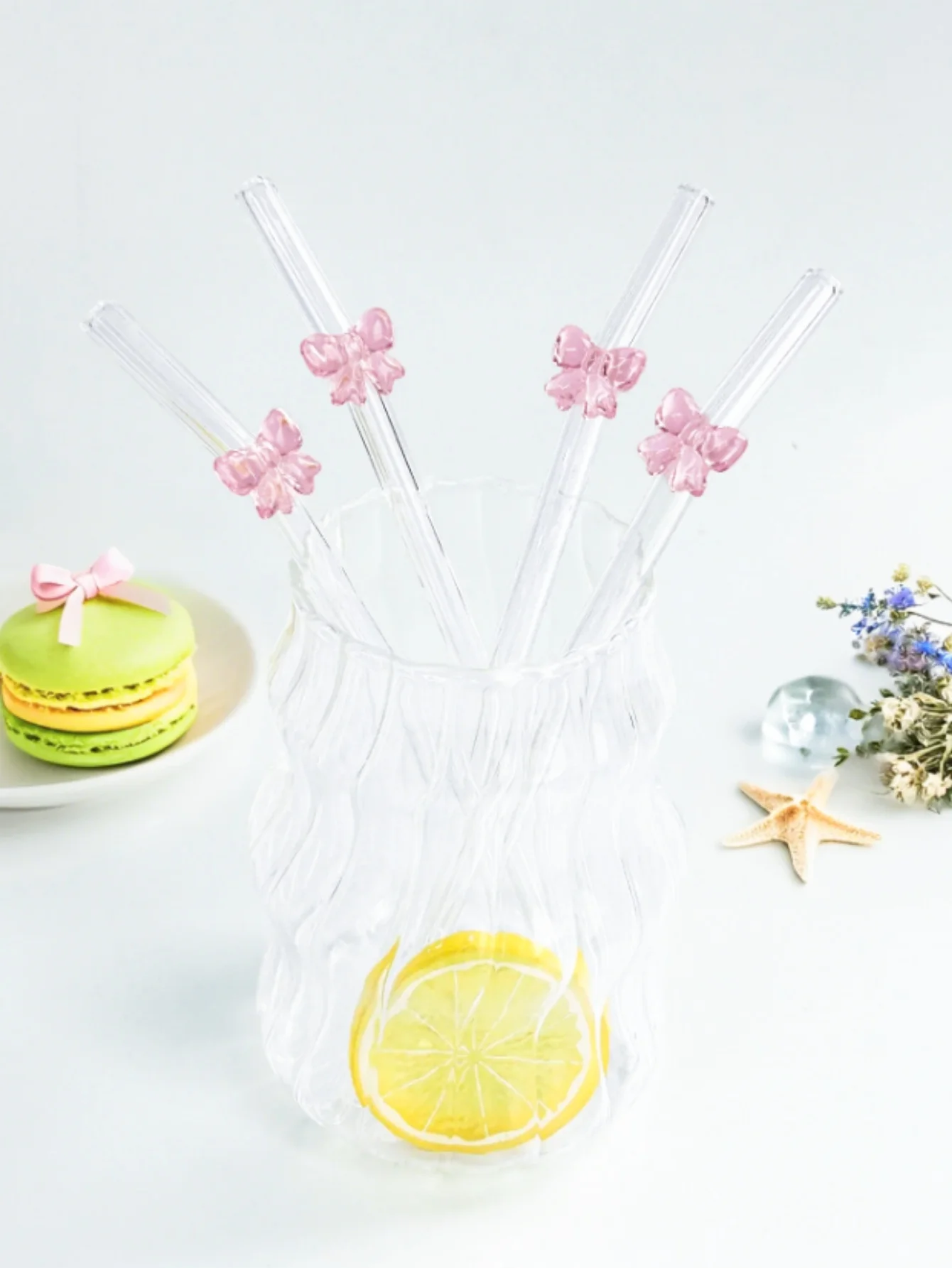 1/6PCS Cute Cartoon Pink Bowknot Glass Straw,Bent Reusable Glass Straw, Smoothie,Milk,Tea,Juice,Cocktail And Cold Drink,friend view 3