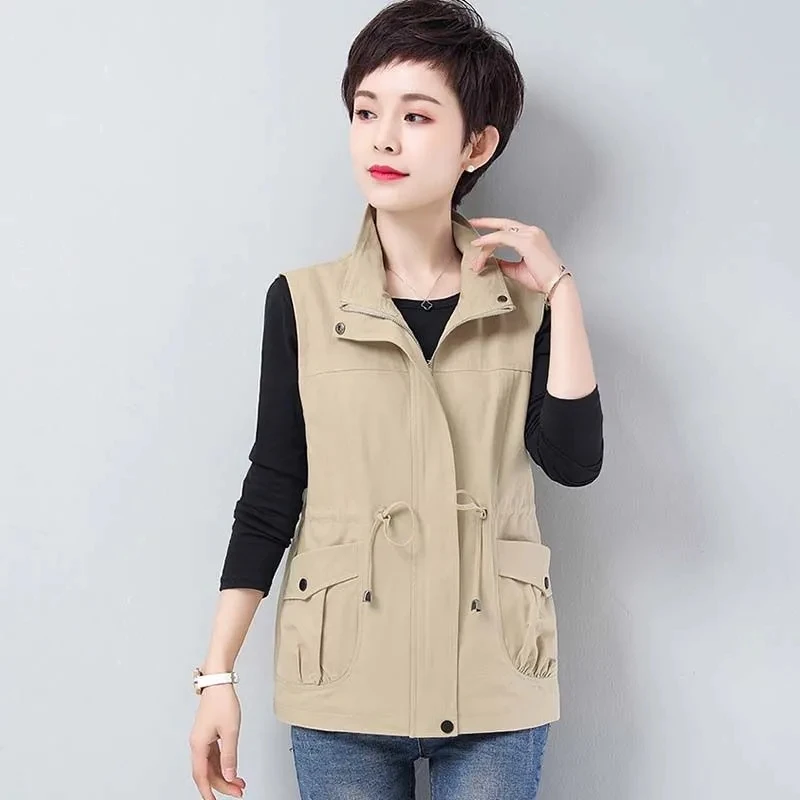 

Oversize 4xl Slim Waist Vest Mother Fashion Waistband Women's Sleeveless Jacket Solid Turndown Collar Chalecos Spring Basic Tops