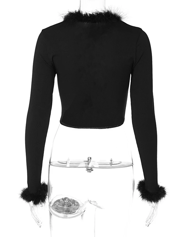 Y2k Stylish Hottie Fluffy Plush Fur Collar Cuff Trim Cropped Top Long Sleeves Hollow Lace-up New Design Basic Wild Tops Clubwear