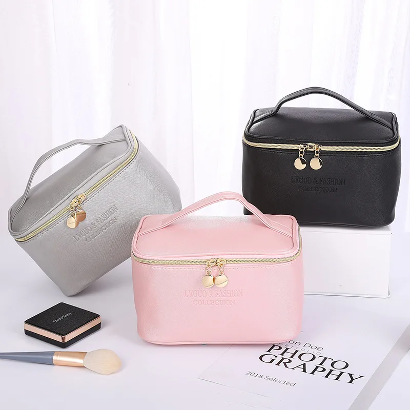 PURDORED 1 Pc Large Women Cosmetic Bag PU Leather Waterproof Zipper Make Up  Travel Washing Makeup Organizer Beauty Case