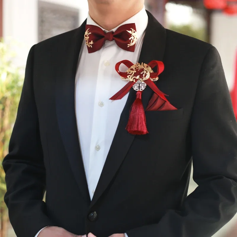 Wedding bridegroom best man dragon phoenix Chinese bow tie wedding male wine red high-end gift box set studio