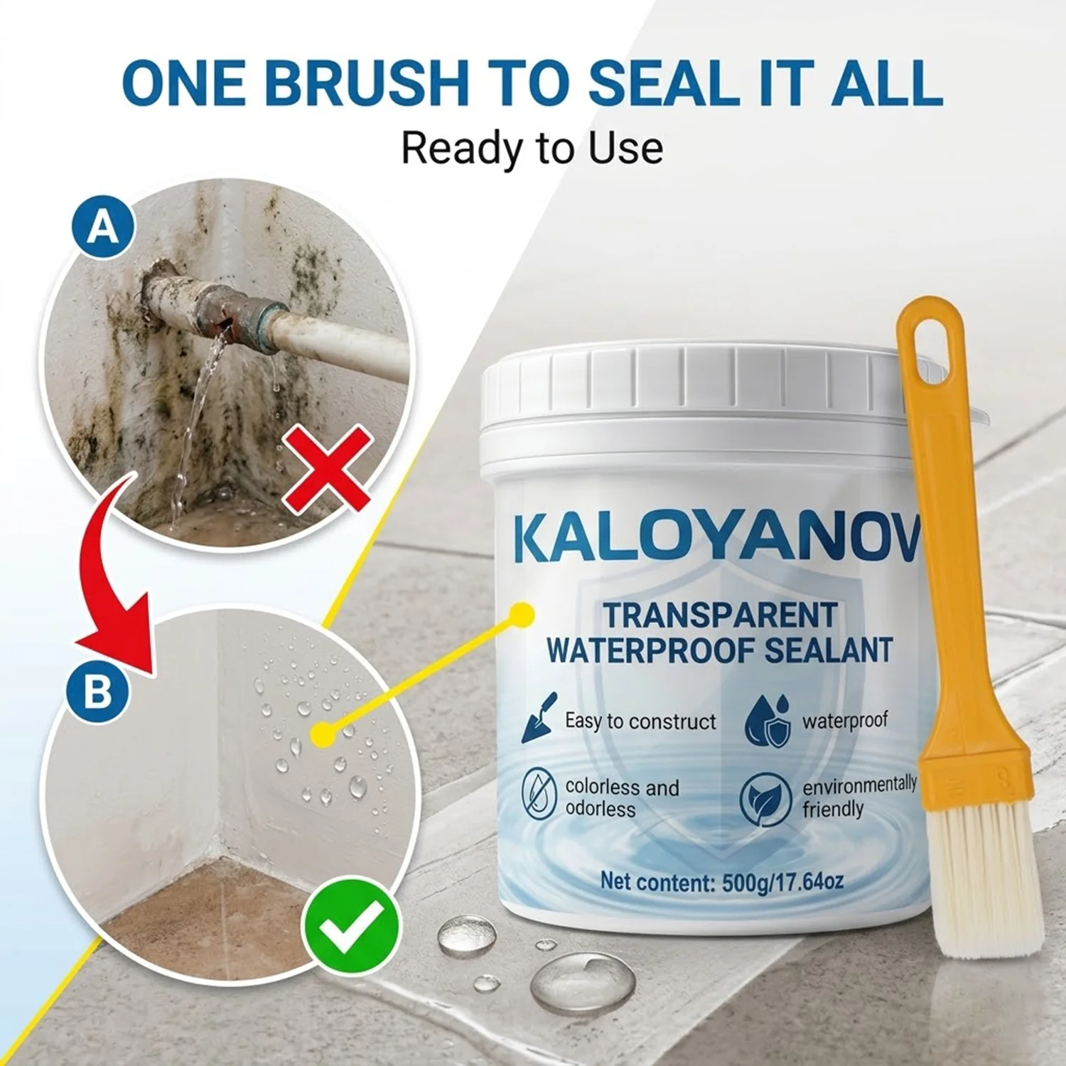 Clear Invisible Waterproof Sealant Liquid, Anti-Leak Repair Glue Coating for Roof, Bathroom, Tile & Exterior Wall, Brush (1000g)