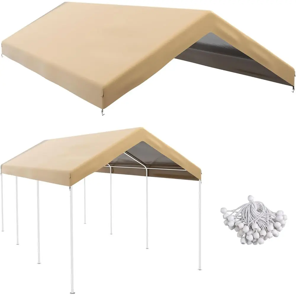 Beige Waterproof and UV-Protected 20' x 10' Carport Replacement Top Cover with Ball Bungee Cords