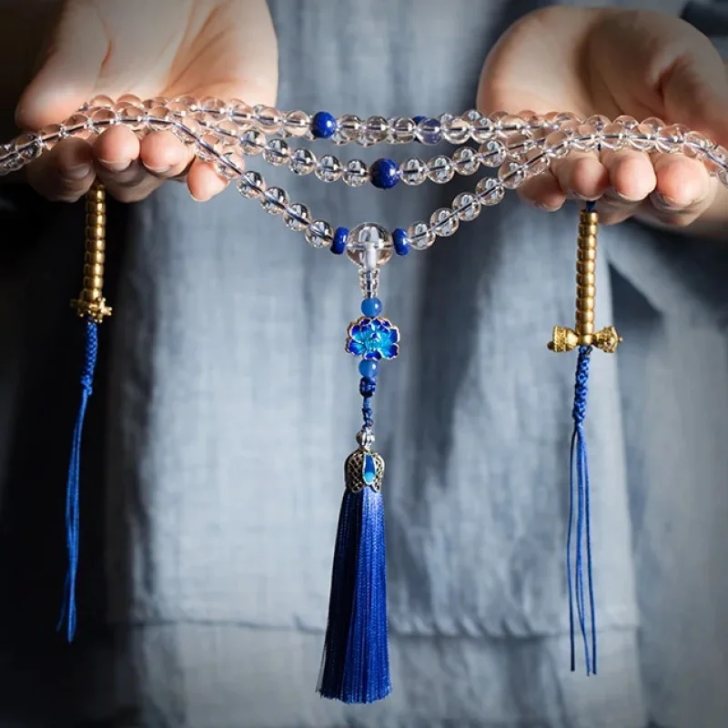 

Natural White Crystal Buddha108Buddha Beads Prayer Beads Lapis Lazuli South Red Agate White Crystal Bracelet Necklace