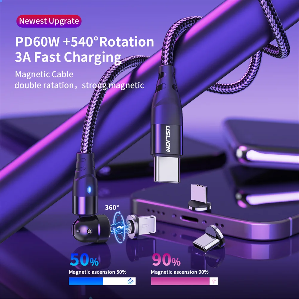 USLION PD 60W 3A Fast Charging Magnetic Cable 540° Rotate Micro USB Type C Cable For iPhone Samsung Xiaomi Huawei Data Wire Cord