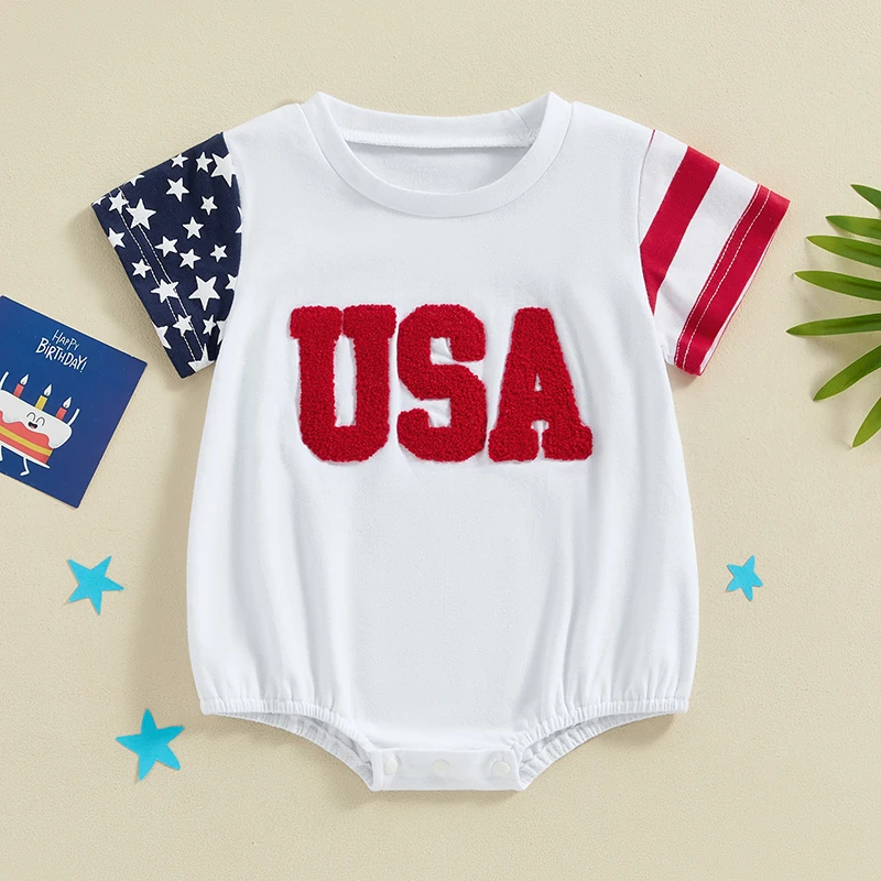 Bayi laki-laki perempuan 4th Juli baju monyet lengan pendek Crewneck bendera Amerika cetak Hari Kemerdekaan Jumpsuit bordir bintang dan