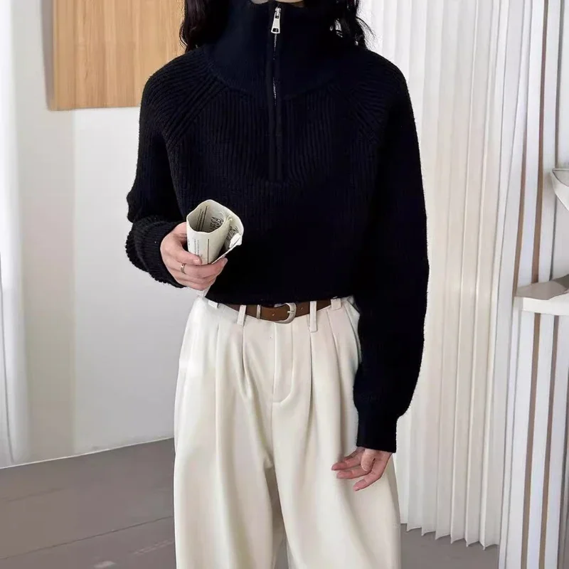 Korea Fashion Solid Color Pullovers Women Spring Autumn 2024 Turtleneck Women Zipper Sweaters Female Turndown Collar