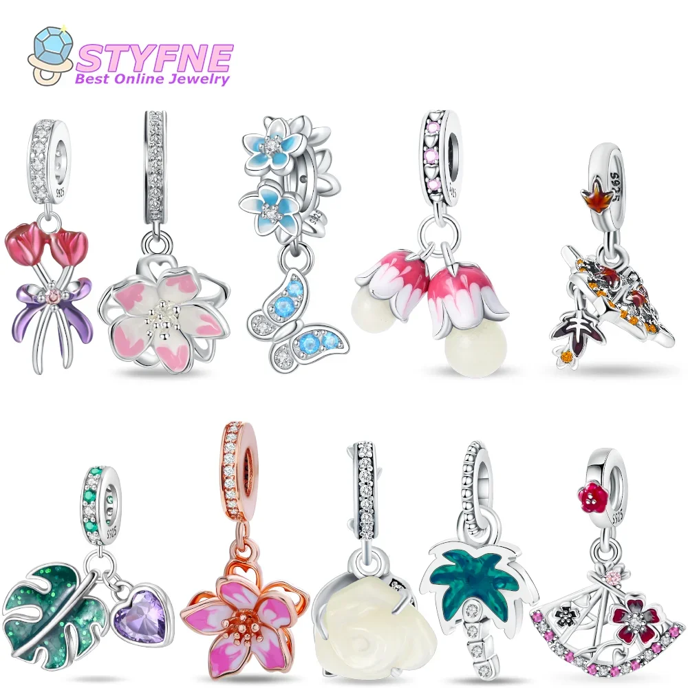 925 Sterling Silver Sparkling Tulip Pendant - Flower Series Beads Charms fit Bracelets and Necklaces Dangle Pendants